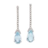 A pair of aquamarine and diamond drop earrings, an articulated brilliant-cut diamond line, suspen...