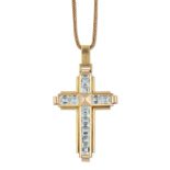 An aquamarine cross pendant, the calibré set square cut aquamarines to a pyramidal centre, the fo...