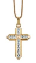 An aquamarine cross pendant, the calibré set square cut aquamarines to a pyramidal centre, the fo...