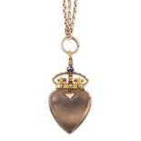 A late 19th/early 20th century gold smoky quartz heart and crown pendant and neckchain, the penda...