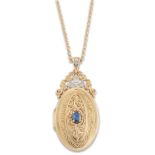 A 14ct gold sapphire and diamond set locket, by Royal Doulton, limited edition 'Diana' pattern, s...