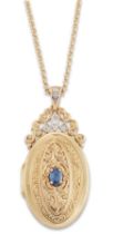 A 14ct gold sapphire and diamond set locket, by Royal Doulton, limited edition 'Diana' pattern, s...