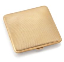 A 9ct gold cigarette case, Chester hallmarks, 1921, of square form with engine turned decoration ...