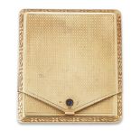 A Continental 14ct gold and sapphire matchbook case, with engine turned decoration and sapphire c...