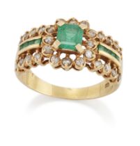 An emerald and diamond ring, the emerald-cut emerald and brilliant-cut diamond cluster, to pierce...