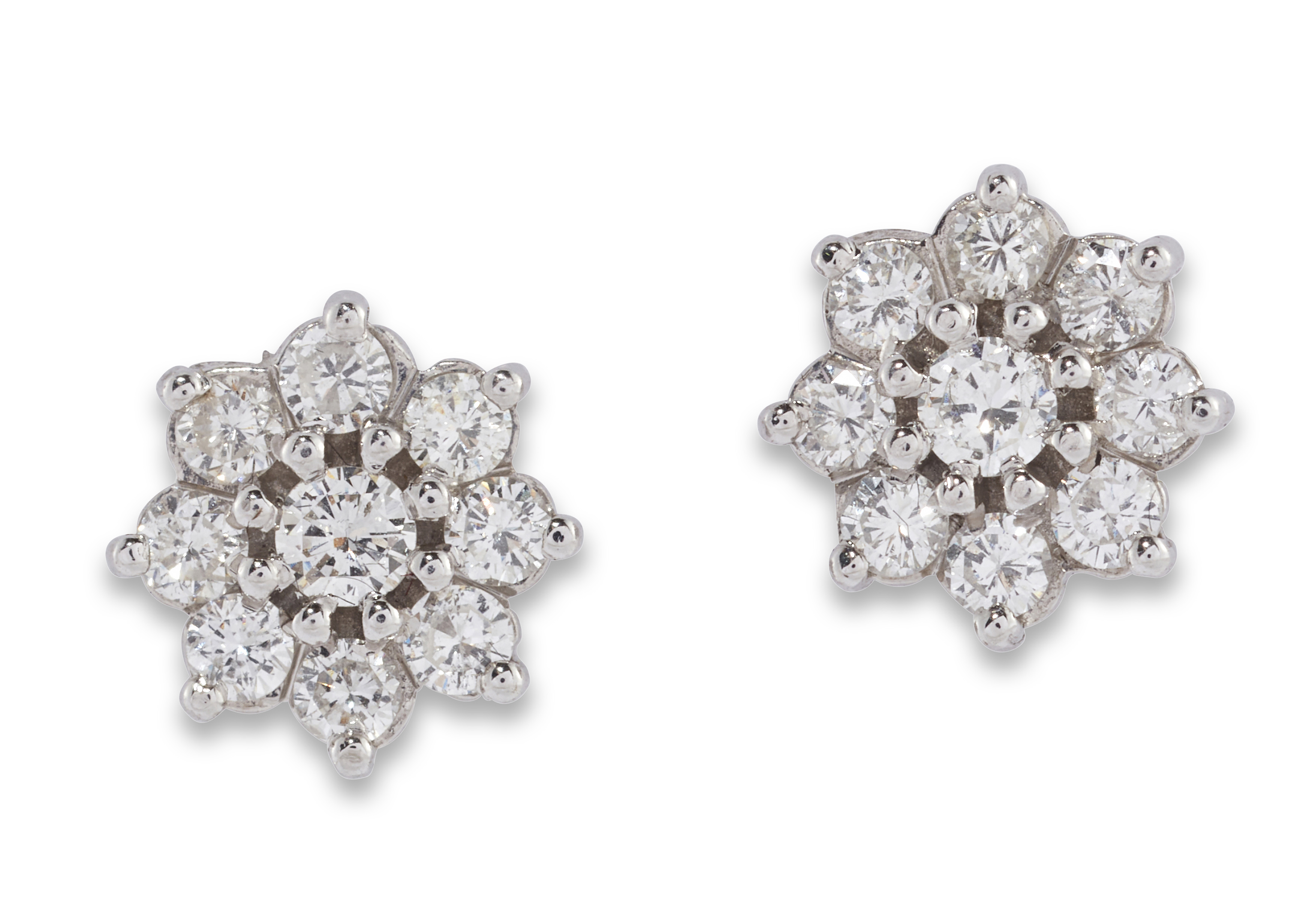 A pair of 18ct white gold diamond cluster earrings, with a cluster of brilliant-cut diamonds, cla...