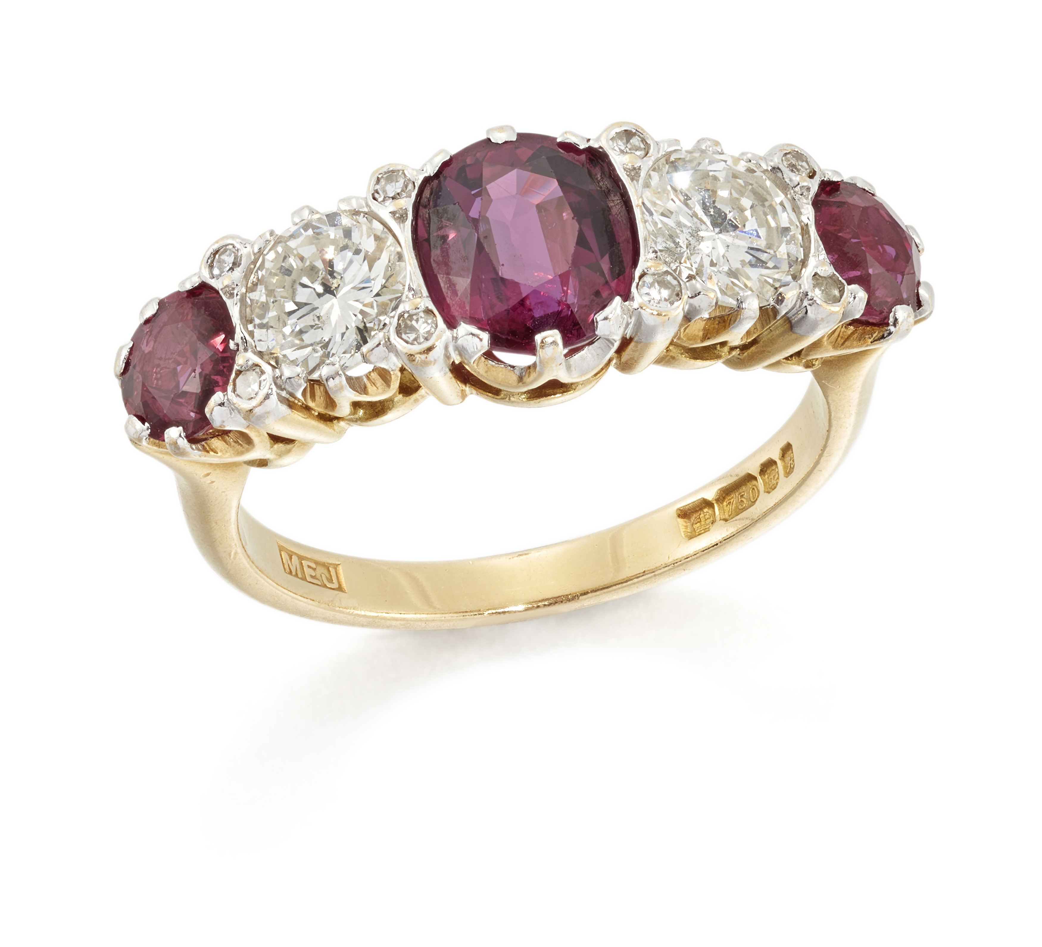 An 18ct gold ruby and diamond five stone ring, a central oval mixed cut lead glass filled ruby, w...
