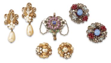 A group of costume jewellery, comprising: a pair of floral design imitation pearl and paste set c...