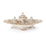 A Chamberlain's Worcester inkstand, c.1840, the stand of navette shape, raised with various shell...