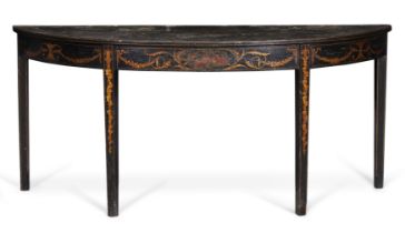 A George III hand-painted and black lacquered demi-lune console table, last quarter 18th century,...