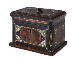 A Dutch ebony, tortoiseshell and ivory inlaid tea caddy, possibly colonial, late 18th century, co...
