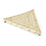 A sailor's engraved bone cribbage board, dated 1818, from the whaling brig Cretan, of triangular ...