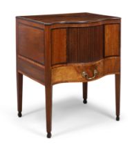 A George III mahogany, ebonised and satinwood crossbanded bedside commode, last quarter 18th cent...