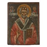 A Greek icon of St Nicholas of Myra, dated 1919, portrayed frontal, half-length, blessing and car...