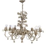 A silvered metal filigree ten-light chandelier, second half 20th century, with petals to central ...