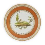 A Paris (Dagoty) porcelain orange-ground plate, c.1810, iron-red stencilled Manufacture de S.M. l...