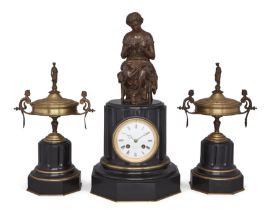 A French gilt and patinated bronze mounted black slate three-piece clock garniture, late 19th cen...