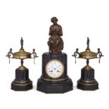 A French gilt and patinated bronze mounted black slate three-piece clock garniture, late 19th cen...