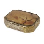 A Continental gilt-brass and agate snuff box, 19th century, with canted corners, the sides engrav...