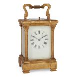 A French brass repeating carriage clock, late 19th century, the Anglaise Riche case with swing ca...