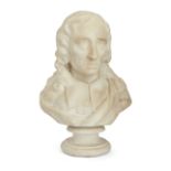 An English white marble bust of John Milton, 19th century, modelled with a draped coat, on a circ...