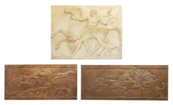 A plaster relief of a Roman youth, his horse and a dog, after the Antique, late 20th century, cas...