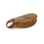 An English burr maple novelty snuff box, first half 19th century, in the shape of a ship's pulley...