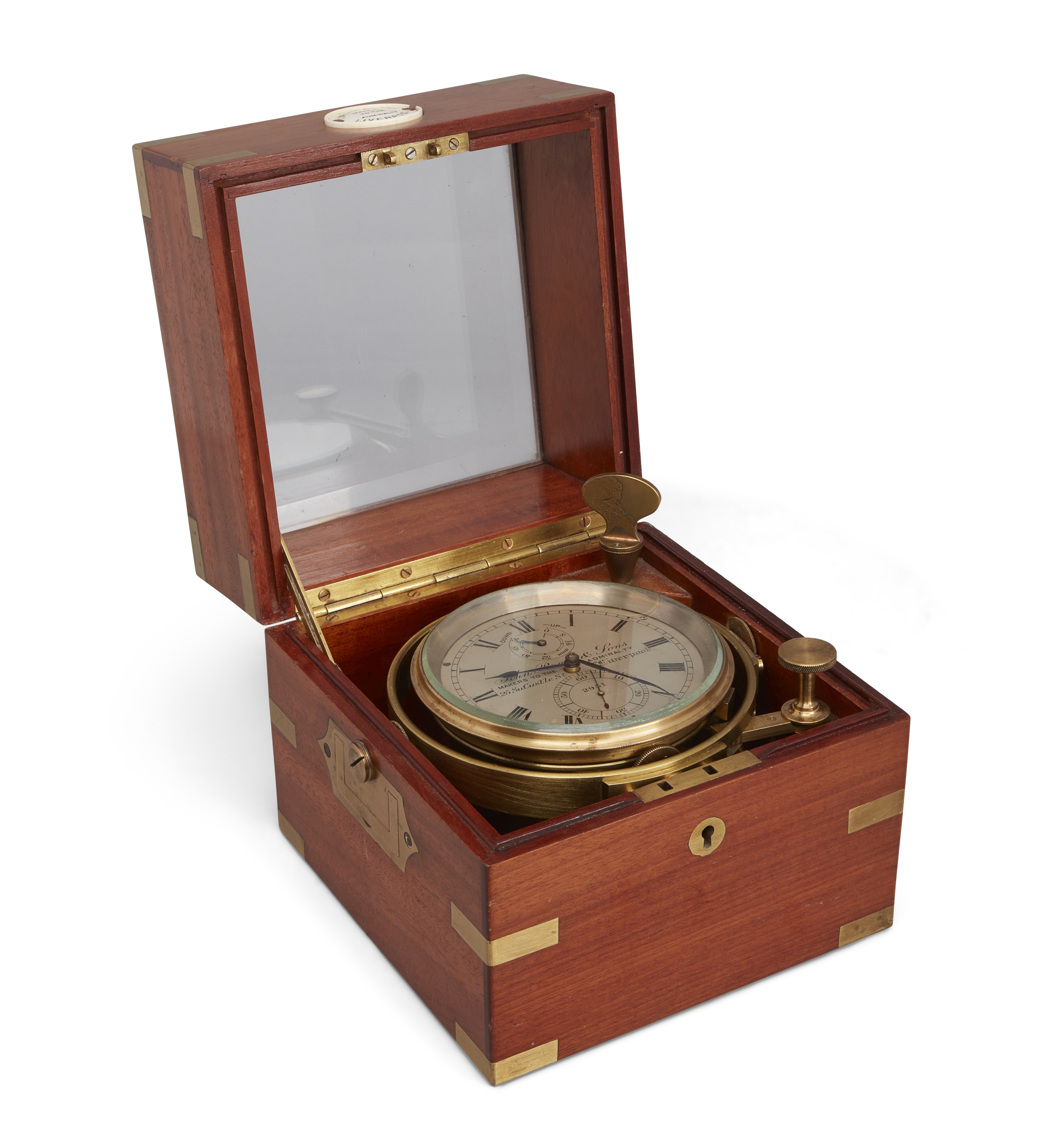 A mahogany two day marine chronometer, 1920's, the silvered dial with Roman numerals, signed John...