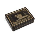 A French tortoiseshell and silver-gilt snuff box, mark Paris, 1819-1838, the pique-work cover wit...