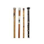 A group of four novelty walking canes, late 19th/early 20th century, comprising: an ebony example...