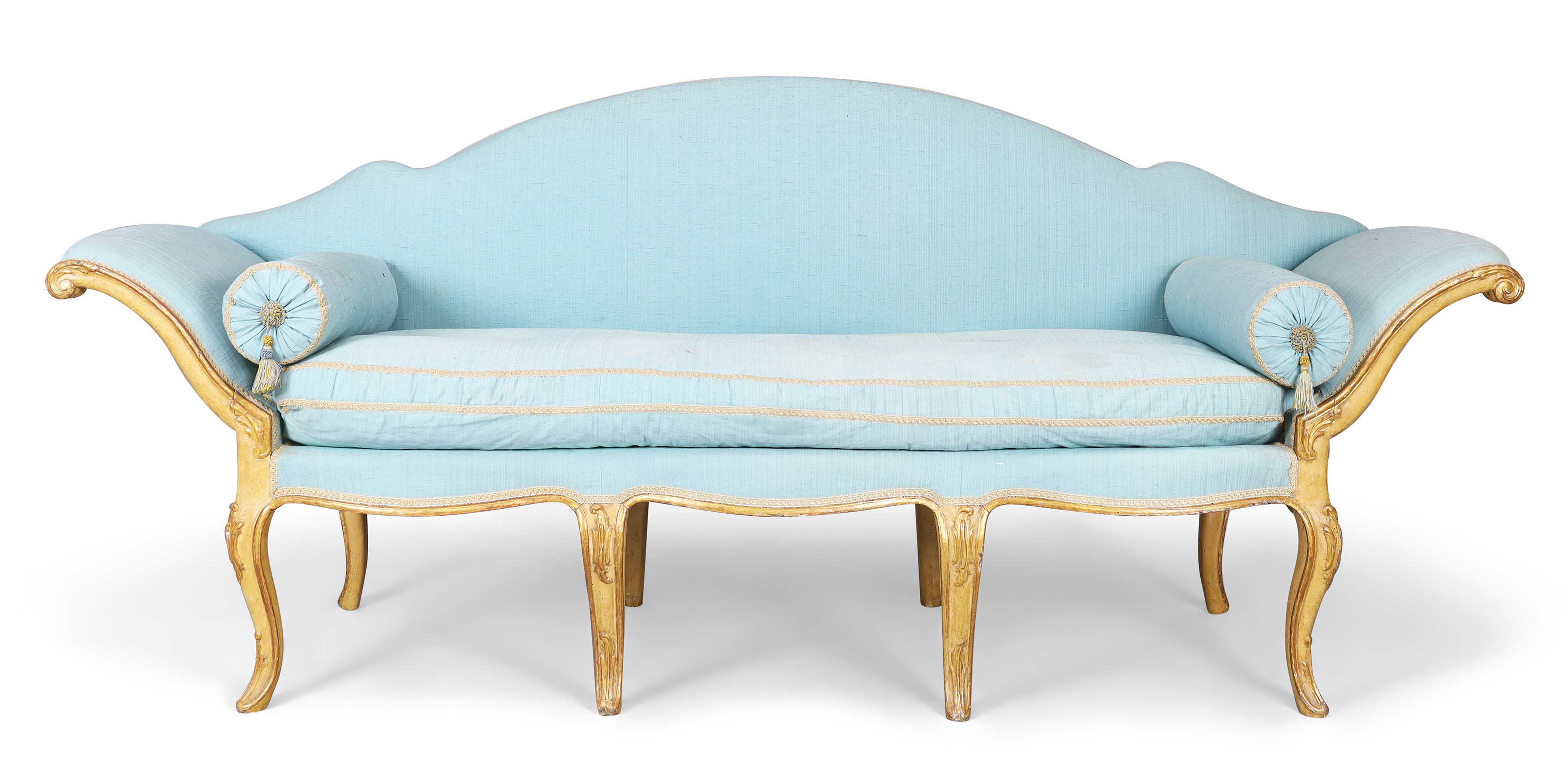 A North Italian parcel-gilt and cream painted sofa, Piedmont, third quarter 18th century, the ser...