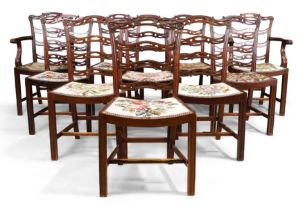 A set of ten English mahogany dining chairs, George III style, Chippendale design, first quarter ...