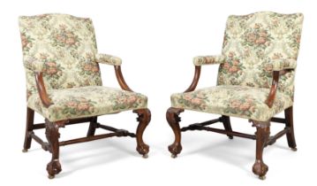 A pair of George III and later mahogany Gainsborough armchairs, last quarter 18th century and lat...