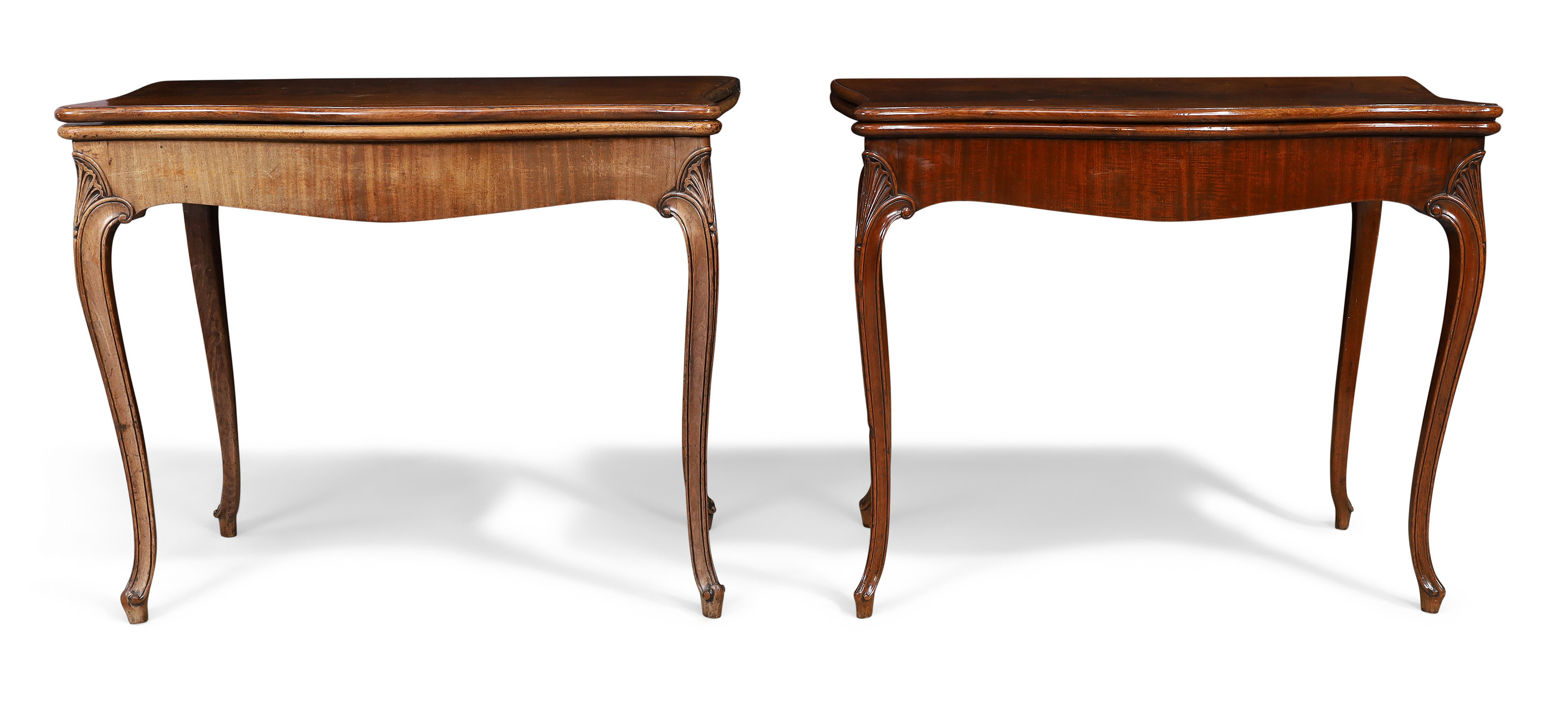 A near pair of George III mahogany serpentine concertina action tea tables, third quarter 18th ce...