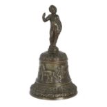 An Italian bronze table bell, possibly Venetian, 19th century, with figural handle, the body cast...