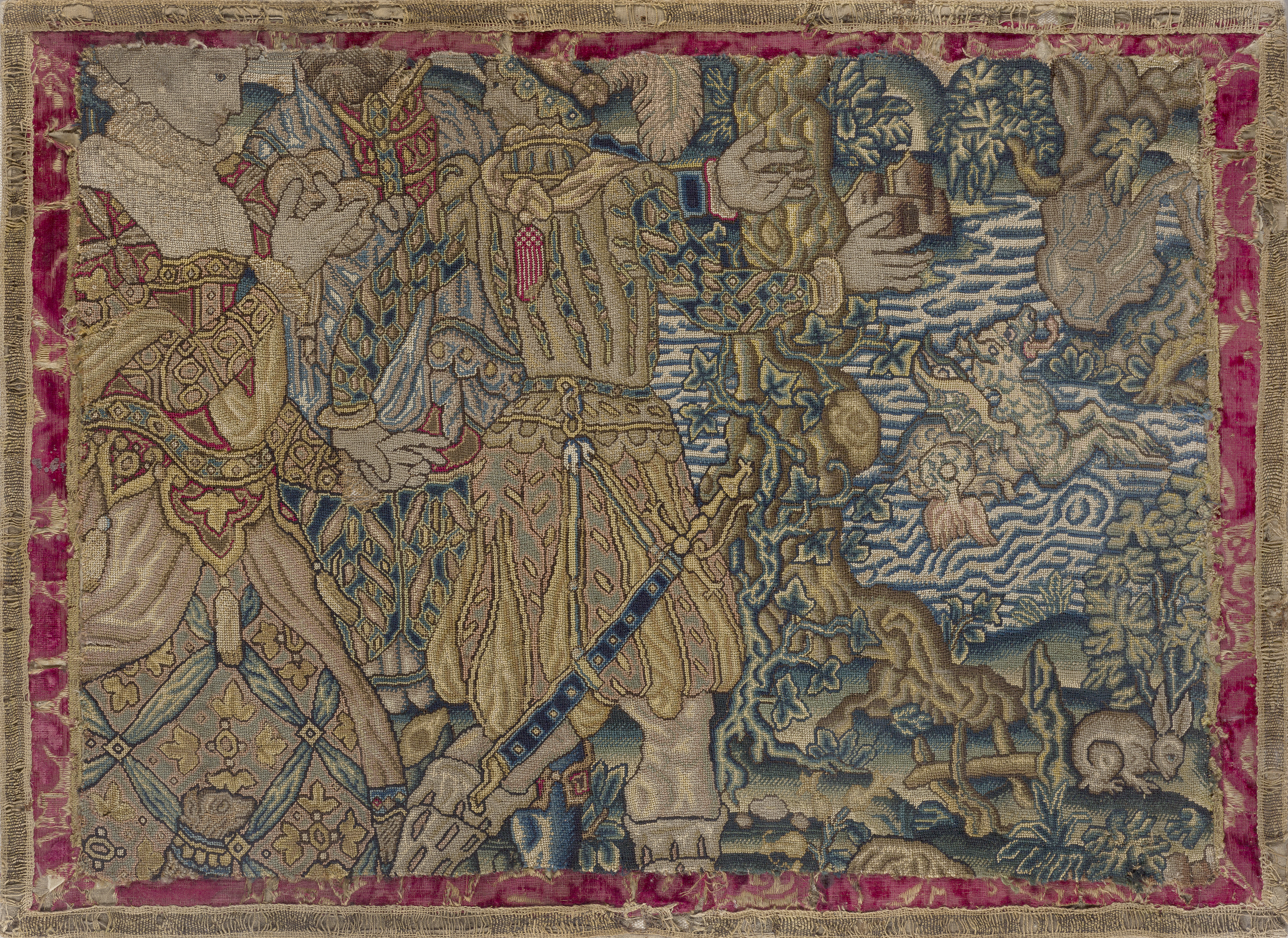 A needlework fragment, late 17th century, depicting a noblewoman being led by two noblemen toward...