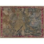 A needlework fragment, late 17th century, depicting a noblewoman being led by two noblemen toward...