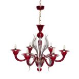 A modern Murano clear and cranberry glass six-light chandelier, the baluster stem supporting scro...