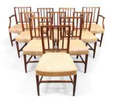 A set of ten George III dining chairs, last quarter 18th century, to include two carvers, with re...