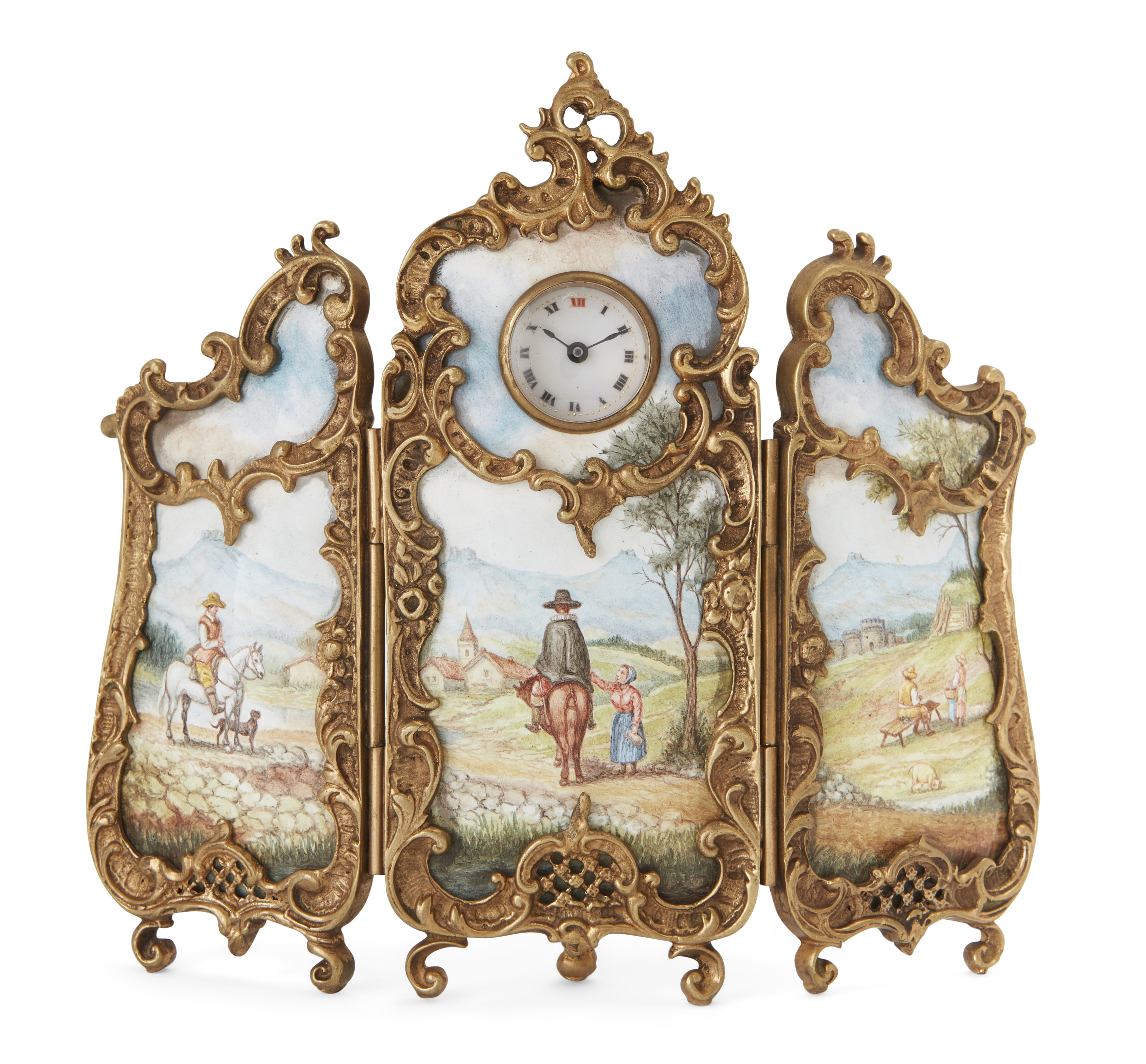 A Viennese triptych boudoir clock gilt-metal and enamel triptych boudoir clock, early 20th centur...