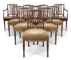 A matched set of ten George III mahogany dining chairs, last quarter 18th century, attributed to ...