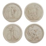 A set of four modern faux-marble fibreglass roundels, depicting Classical subjects, in moulded fr...
