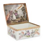 A copper-gilt-mounted Meissen porcelain rectangular snuff-box and cover, c.1755-60, the mount pro...