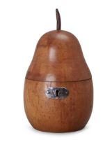 A fruitwood pear-shaped tea caddy, probably c.1800, with later stalk and steel escutcheon, 19cm h...