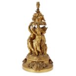 A French gilt-bronze figural table lamp, early 20th century, by PH Mourey, modelled as three Bacc...