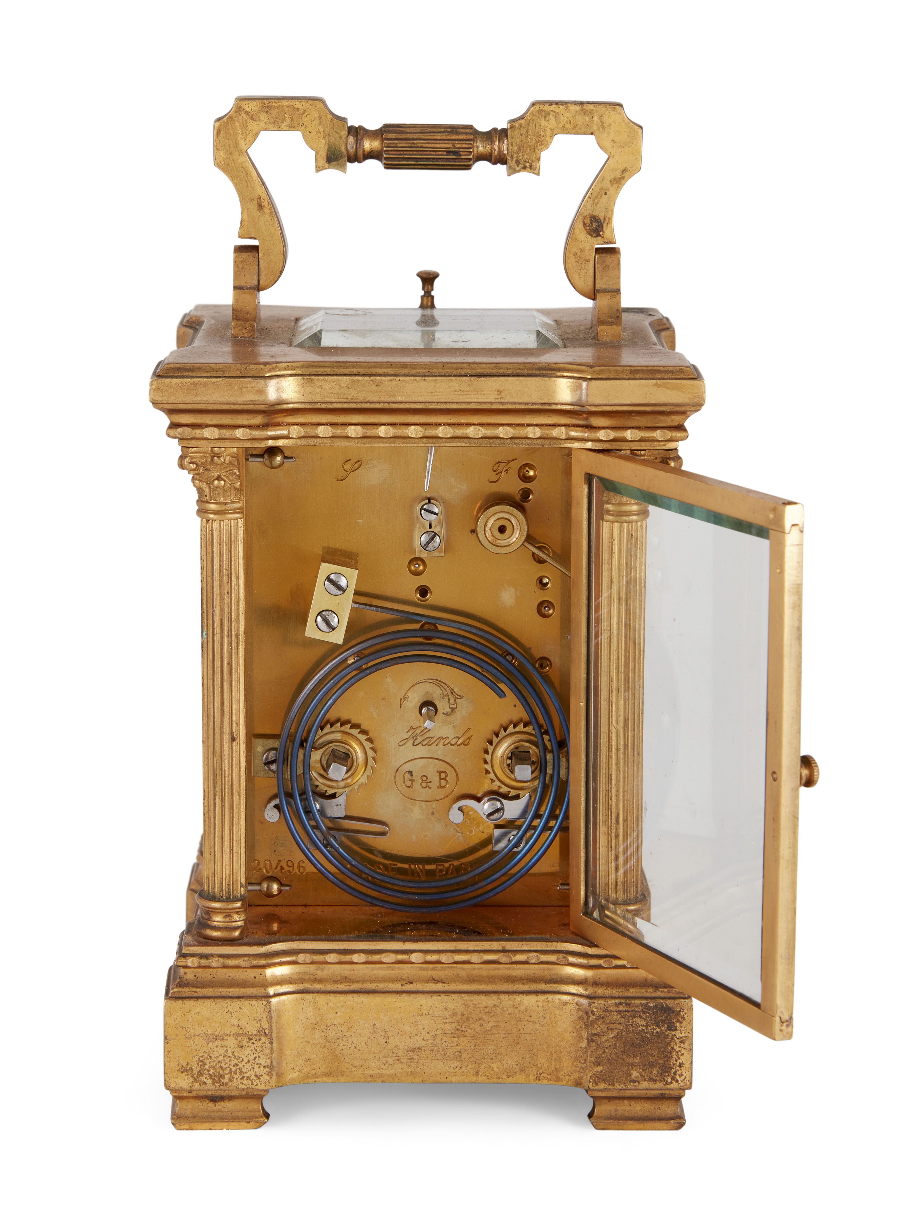 A French brass repeating carriage clock, late 19th century, the Anglaise Riche case with swing ca... - Image 2 of 2