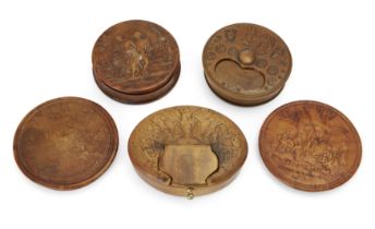 A French pressed burr maple snuff box and two lids, early 19th century, the box with cover entitl...