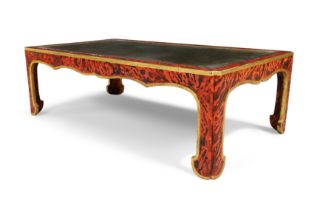 A painted faux tortoiseshell and parcel gilt coffee table, in the Chinese taste, 20th century, th...