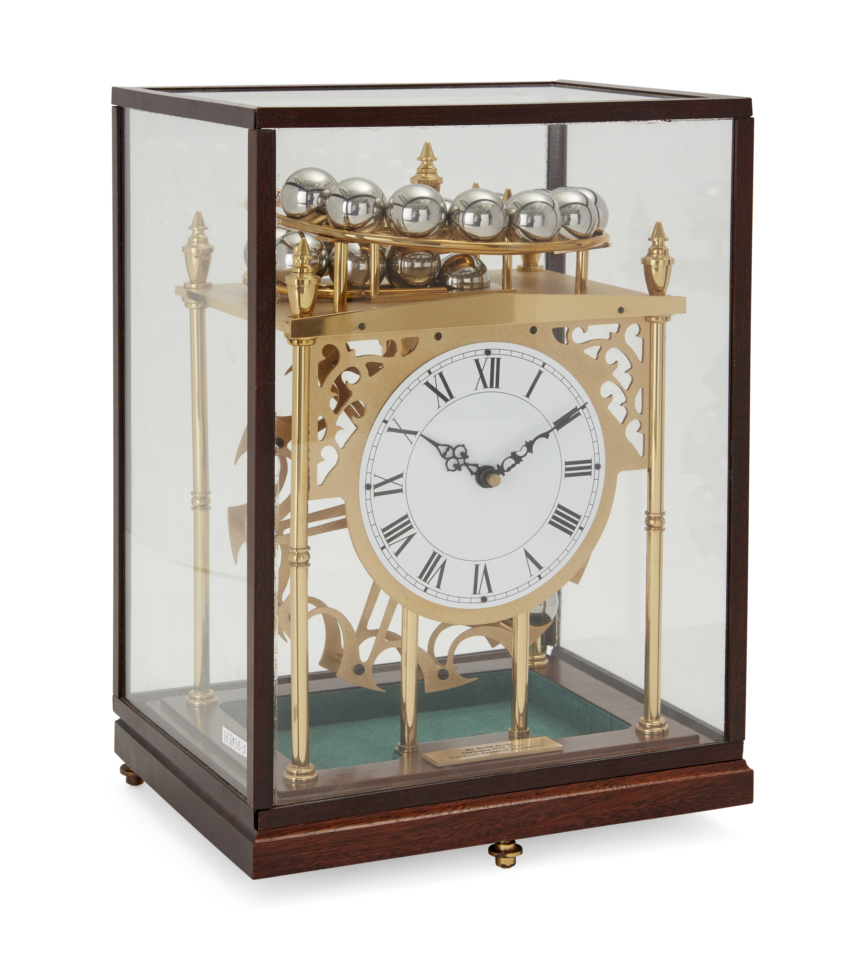 A modern spherical weight clock, the silvered dial with Roman numerals, the gilt-brass case with ... - Image 2 of 3