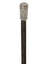 A white metal mounted ebony walking cane, Spanish or Portuguese, late 19th century, the white met...